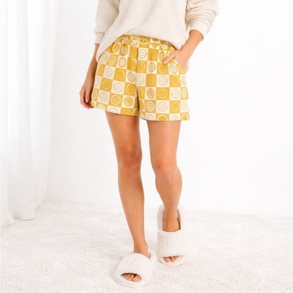 Mighty Fine Smiley Sun Graphic Lounge Shorts Yellow White Alt Lounge Retro Indie